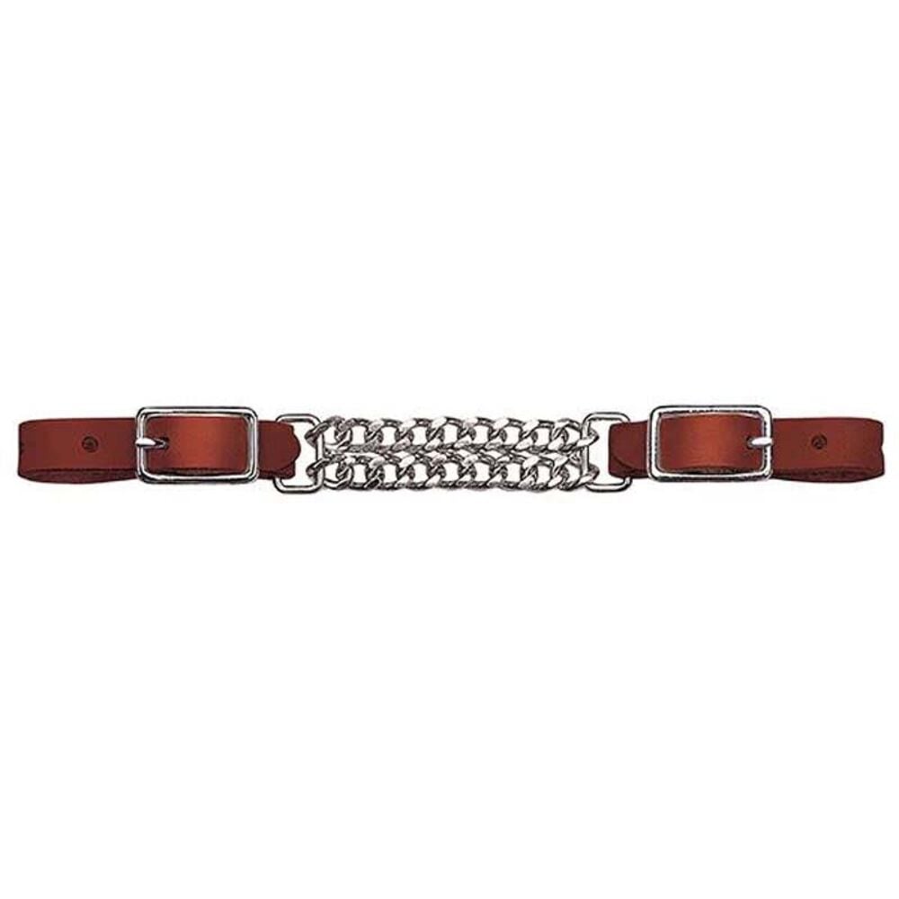 image of Bridle Leather Double Flat Link Chain Curb Strap- Rich Brown, 4 1/2 in